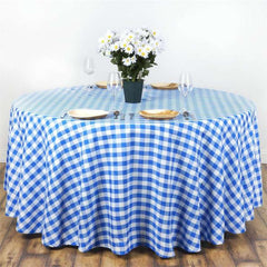Polyester 120" Round Tablecloth White/Blue Seamless - Checkered Buffalo Plaid Table Cover