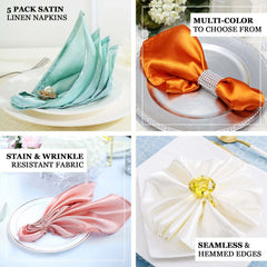 5 Pack Satin 20"x20" Napkins Nude - Luxurious Shine & Smooth Dinner Napkins