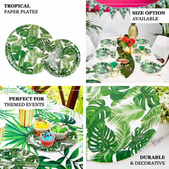 25-Pack Paper 9" Round Dinner Plates in White with Tropical Palm Leaf Design - Disposable 300GSM Party Plates for Luau & Summer Gatherings