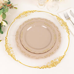 10-Pack Plastic 7" Round Dessert Plates in Taupe with Gold Vintage Embossed Rim - Sturdy Disposable Scalloped Edge Salad Plates