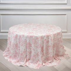 Polyester 132" Round Tablecloth White - Pink French Toile Pattern for Chic Weddings
