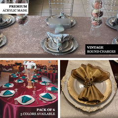 6-Pack Acrylic Round Charger Plates 13" in Silver with Embossed Baroque Rim, Antique Decorative Dinner Party Charger Tableware