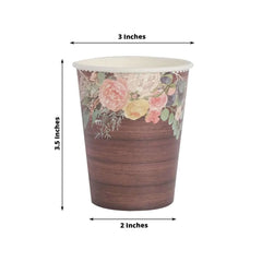 24-Pack Paper Cups 9oz Brown Wood Print with Floral Lace Rim - Chic Disposable Party Cups for Rustic Decor & Themed Parties