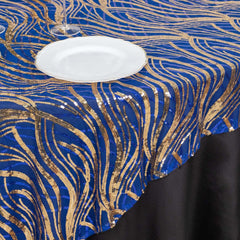 Mesh 72"x72" Table Overlay Square Tablecloth Royal Blue - Wave Embroidered Sequins Table Topper