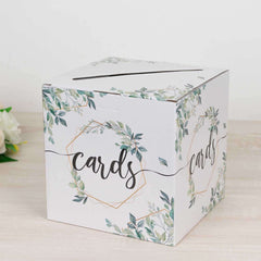 Greenery Theme Wedding Reception Gift Card Box with Geometric Gold Foil Print, Collapsible Money Card Box - 8"x8"
