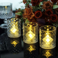 12-Pack LED Tealight Candle Holders Whiskey Glass Design Clear - Warm White Battery Operated Lights 3"