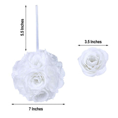 2 Pack 7" White Artificial Silk Rose Kissing Ball, Faux Flower Ball