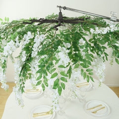 55" White Artificial Silk Wisteria Vine Round Hanging Canopy, Draping Garland Flower Chandelier With Interchangeable Branches