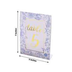 25-Pack Paper Wedding Table Numbers 1-25 White/Blue French Toile Design - Free Standing Double Sided Table Signs with Glam Gold Foil Numbers 7"
