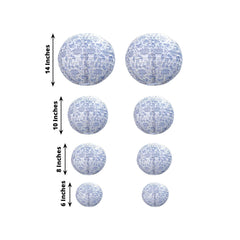 Set of 8 White Blue Hanging Chinese Lanterns in French Toile Floral Pattern, Festival Paper Lanterns - 6",8",10",14"