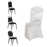 White Spandex Banquet Chair Cover with Ruffle Skirt & Cross Back Sash – Stretch Slipcover for Events