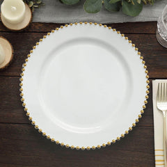 10-Pack Plastic 10" Round Dinner Plates in White with Gold Beaded Rim - Disposable Party Plates for Banquets & Festive Occasions