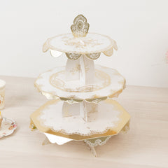 2-Pack 3-Tier Cupcake Display Stands with Vintage Floral Pattern, White Gold Round Cardboard Dessert Towers - 15"