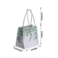 12 Pack White Green Eucalyptus Leaves Paper Party Favor Bags With Handles, Small Gift Goodie Bags - 4"x4"