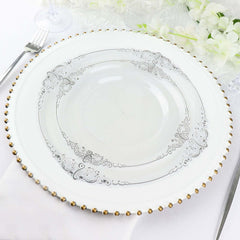 10-Pack Plastic 8" Round Dessert Plates in Clear with Silver Leaf Embossed Rim - Disposable Vintage Baroque Style Salad Plates