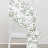 Polyester Chair Sashes White Dusty Sage Green French Toile Floral Design - Wrinkle-Resistant & Durable Chair Bows 6"x108"