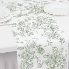 Polyester Table Runner 12"x108" White with Dusty Sage Green French Toile Floral Print Reusable Table Décor