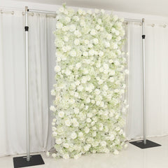 8ftx4ft Roll Up Artificial Flower Wall Panel Backdrop with White Silk Roses & Baby's Breath