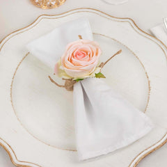 4 Pack Blush Artificial Rose Flower Wooden Napkin Holders, Farmhouse Country Floral Napkin Rings - 4"