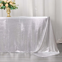 Sequin Dots Polyester 90"x132" Rectangle Tablecloth Shimmering Silver - Seamless, Glittering & Wrinkle Free Table Cover