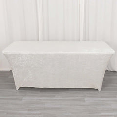 Crushed Velvet Fitted Rectangular 6ft Table Cover White - Wrinkle-Free Stretchy Tablecloth for Weddings and Banquets