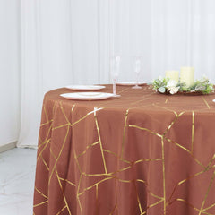 Polyester 120" Round Tablecloth Terracotta (Rust) with Gold Foil Geometric Pattern Wrinkle-Resistant Seamless Table Cover