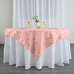 Polyester 54"x54" Table Overlay Square Tablecloth Dusty Rose with Gold Foil Geometric Pattern - Wrinkle-Resistant & Durable Table Topper