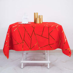 Polyester 54"x54" Square Tablecloth Red with Gold Foil Geometric Pattern - Wrinkle-Resistant & Durable Table Cover