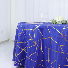 Polyester 120" Round Tablecloth Royal Blue with Gold Foil Geometric Pattern Wrinkle-Resistant Seamless Table Cover