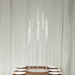 10-Arm Round Cluster Acrylic Candelabra Clear with Circular Base - Stylish Taper Candle Holder Table Centerpiece for Pillar Candles 47"