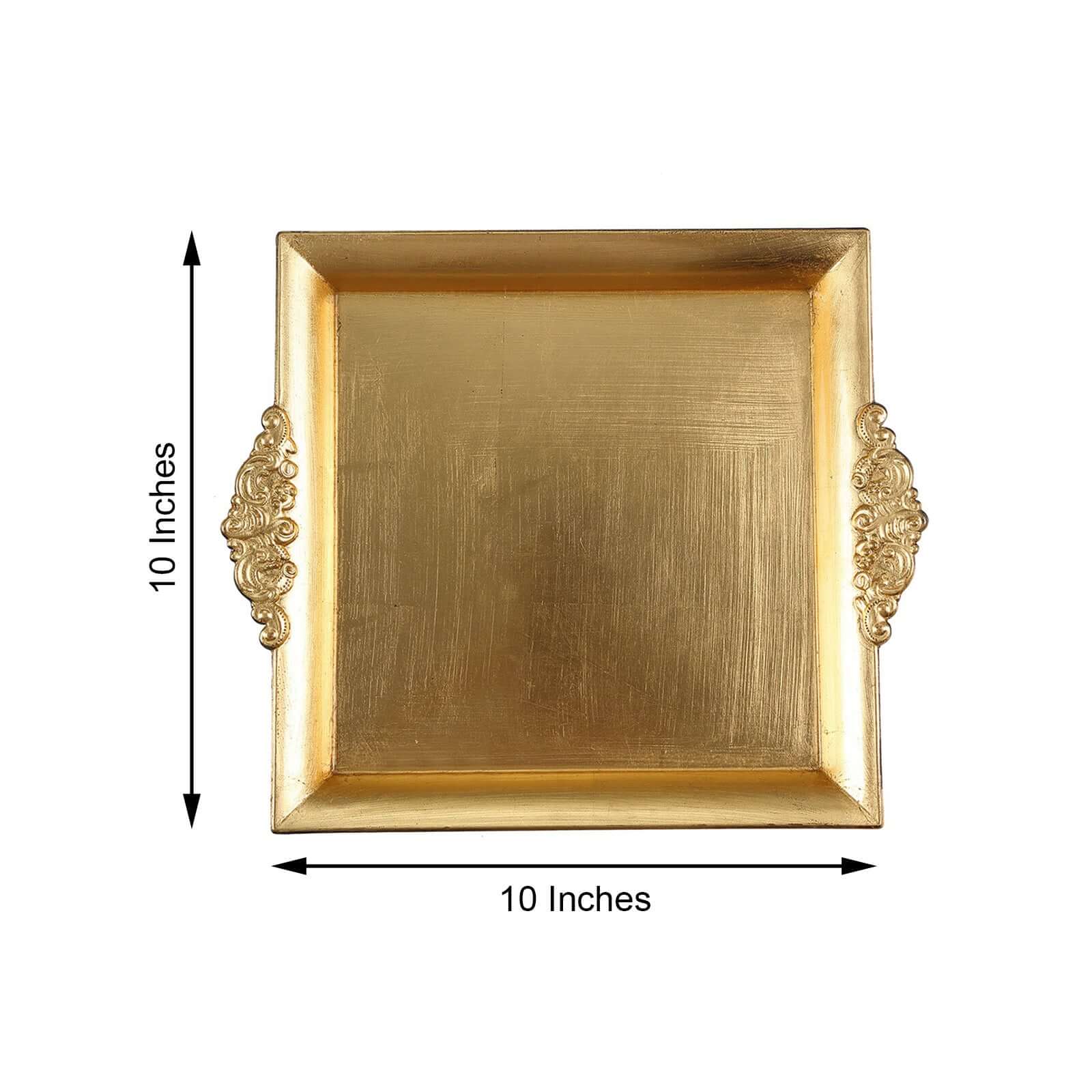 2-Pack Acrylic Square Serving Trays 10" in Metallic Gold with Embossed Handles, Decorative Dinner Party Food Platters