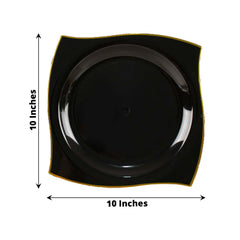 10-Pack Plastic 10" Square Dinner Plates in Black with Gold Wavy Rim Modern - Disposable Party Plates