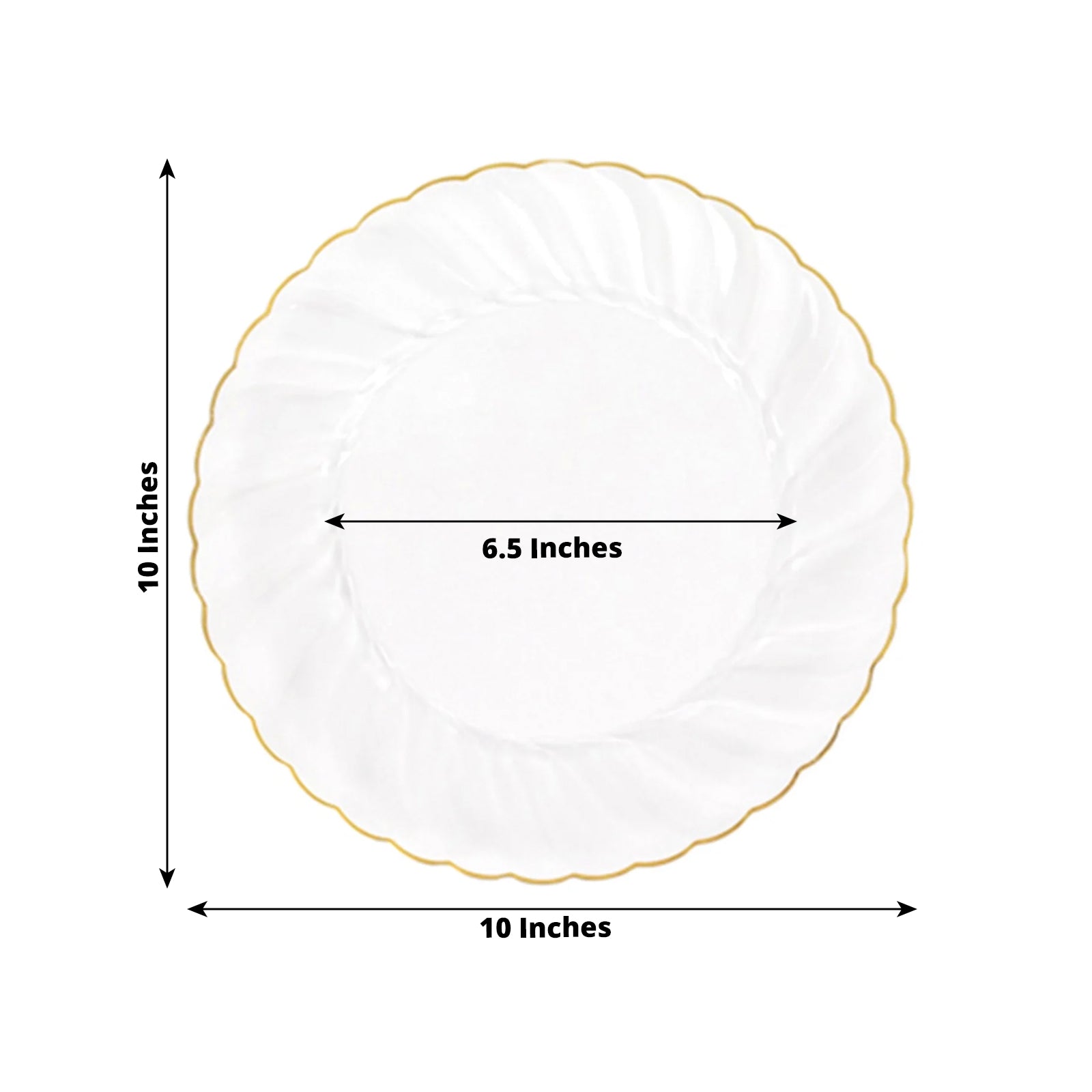 10-Pack Plastic 10" Round Dinner Plates in Clear with Gold Flair Rim - Disposable Party Plates for Upscale Banquets & Special Occasions