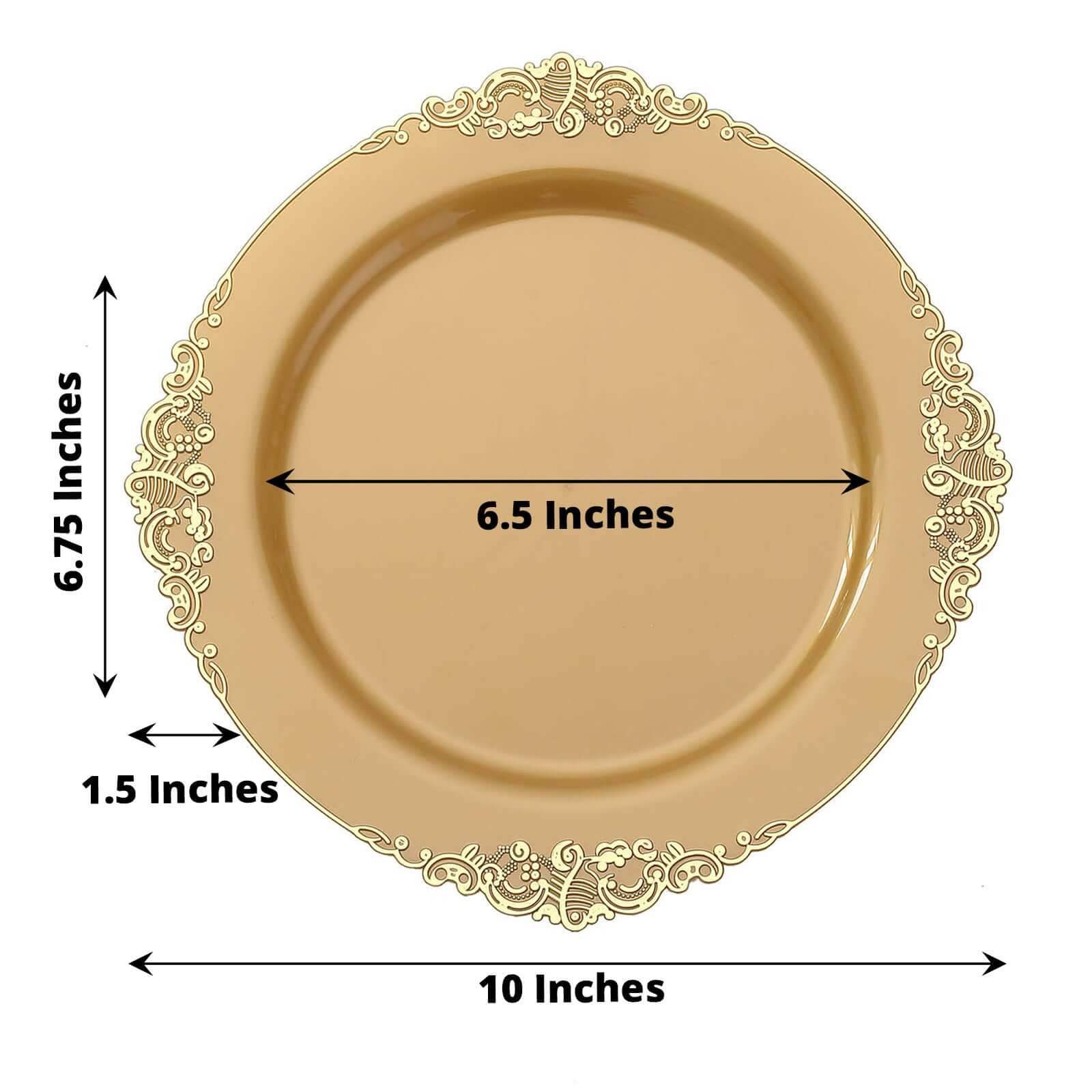 10-Pack Plastic 10" Round Dinner Plates in Gold with Leaf Embossed Rim - Disposable Vintage Baroque Style Plates for Luxurious Gatherings & Events