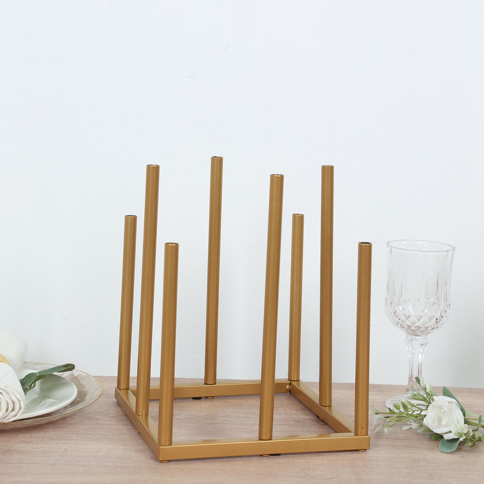 Flower Vase Gold Metal Minimalist 8-Tubes Square Base Design - Single Stem Bud Centerpiece for Arrangements 10"