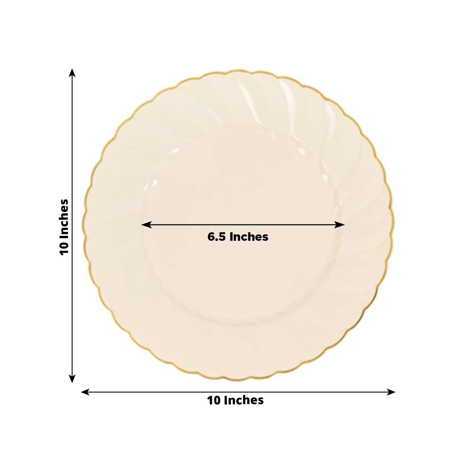 10-Pack Plastic 10" Round Dinner Plates in Ivory with Gold Flair Rim - Disposable Party Plates