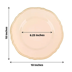 10-Pack Plastic 10" Dinner Plates in Nude with Gold Scalloped Rim - Disposable Large Party Plates
