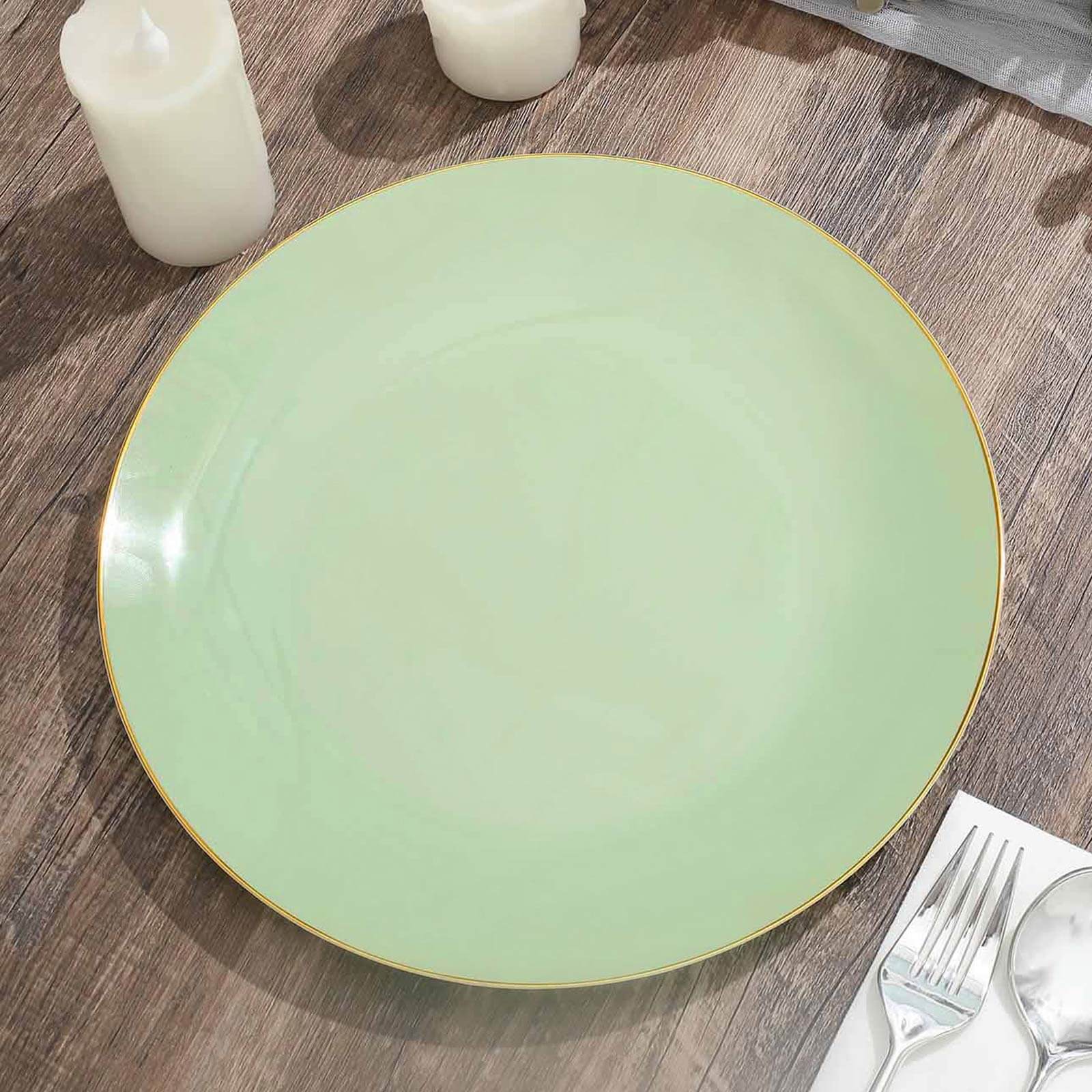 10-Pack Plastic 10" Round Dinner Plates in Sage Green with Gold Rim - Glossy Disposable Party Plates
