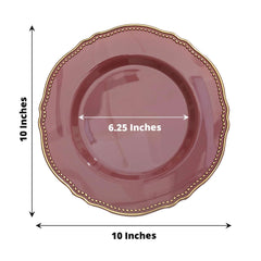 10-Pack Plastic 10" Dinner Plates in Cinnamon Rose with Gold Scalloped Rim - Disposable Large Party Plates