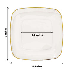 10-Pack Plastic 10" Square Dinner Plates in Clear with Gold Rim - Classy Disposable Lunch Party Plates
