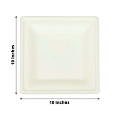 50-Pack Bagasse 10" Square Dinner Plates in White with Wide Rim - Eco Friendly Biodegradable Sugarcane Party Plates for Events