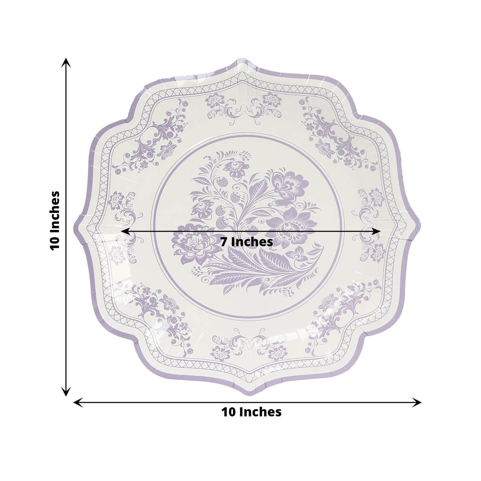 25-Pack Paper Dinner Plates in White Lavender Lilac Damask Floral Print & Scallop Rim - Stylish Disposable 300GSM Floral Party Plates 10"