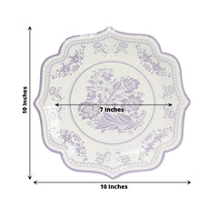 25-Pack Paper Dinner Plates in White Lavender Lilac Damask Floral Print & Scallop Rim - Stylish Disposable 300GSM Floral Party Plates 10"
