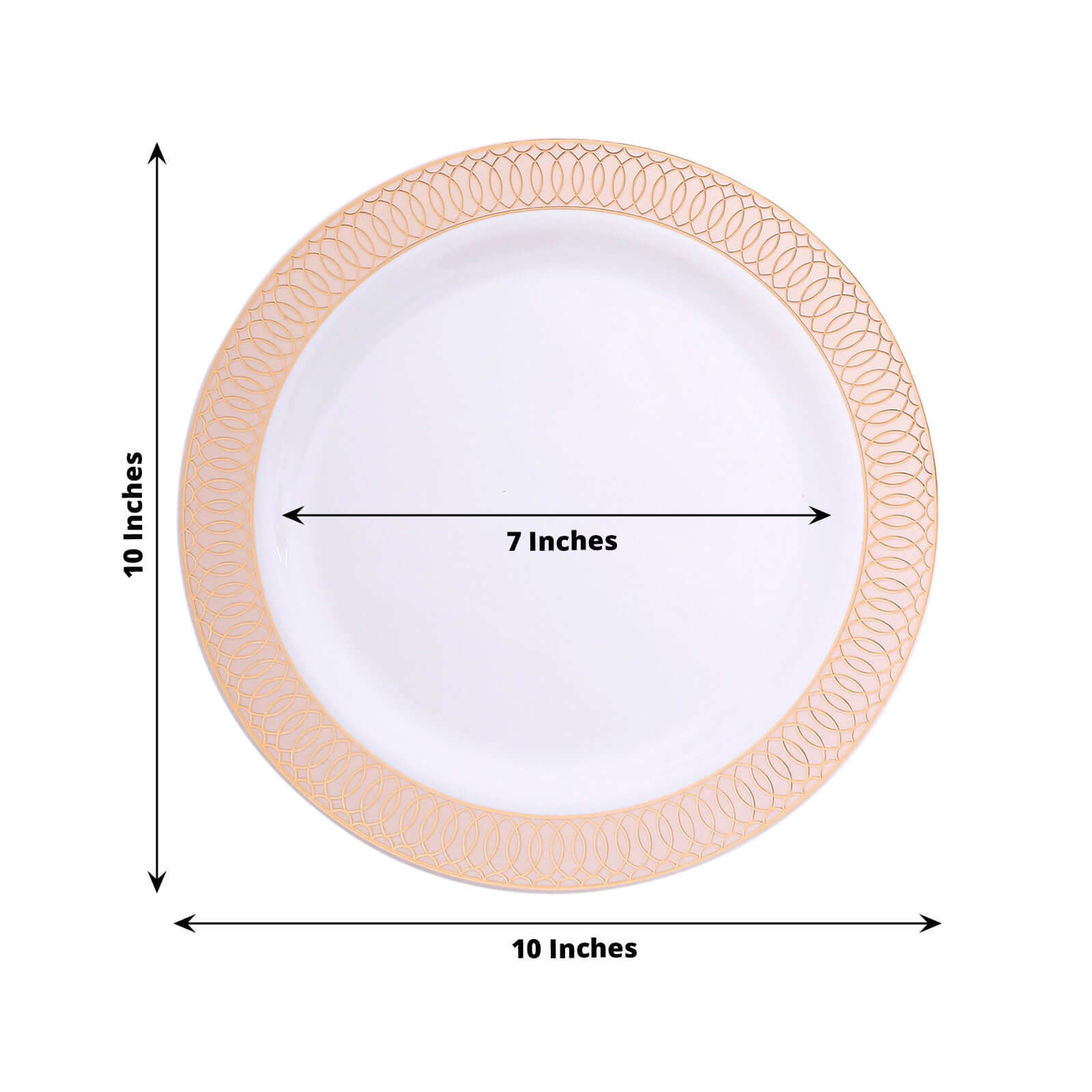 10-Pack Plastic Round Dinner Plates 10" White with Blush Rose Gold Spiral Rim - Chic Disposable Party Plates