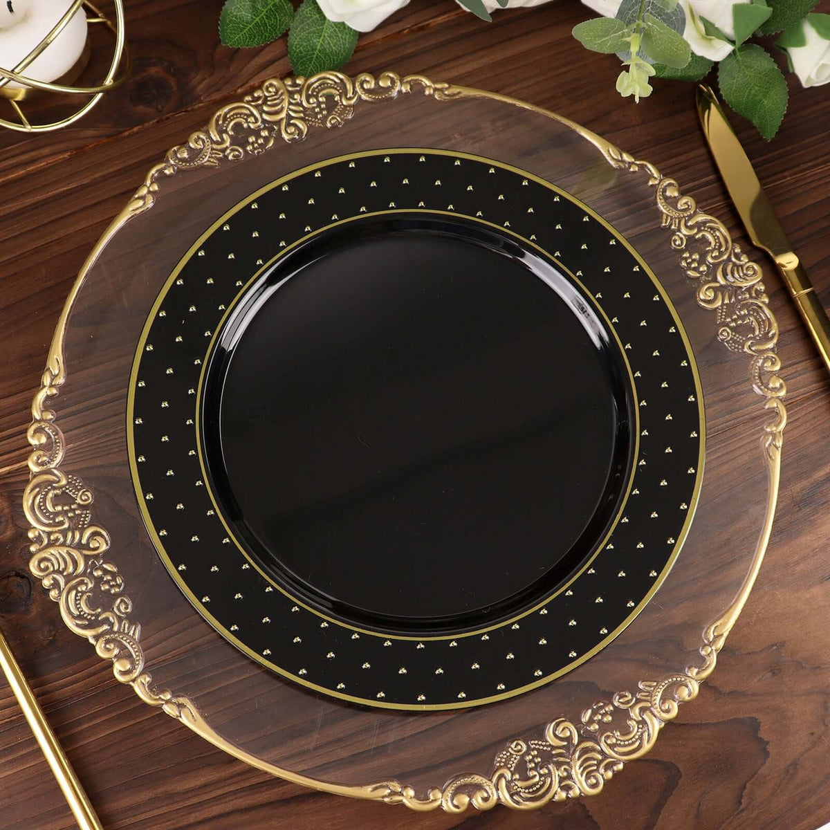 10-Pack Plastic 10" Round Dinner Plates in Black with Gold 3D Polka Dotted Rim - Sturdy Disposable Party Plates for Modern Themed Events & Banquets