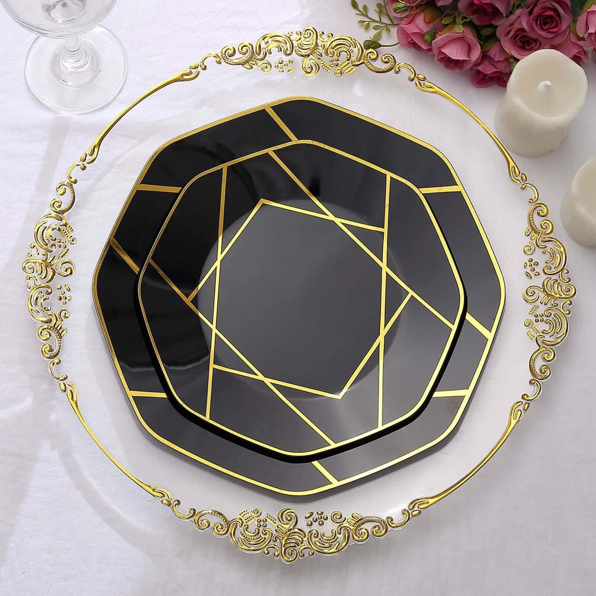 10-Pack Plastic 10" Octagon Dinner Plates in Black - Modern Disposable Party Plates with Gold Geometric Design for Special Occasions & Celebrations