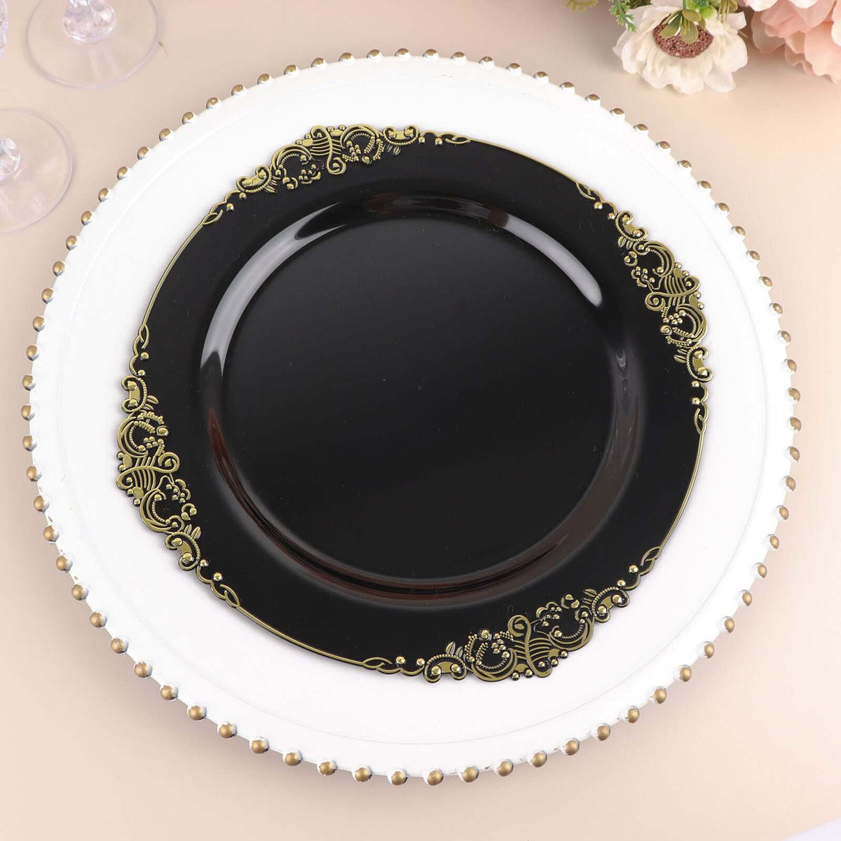 10-Pack Plastic 10" Round Dinner Plates in Black with Gold Leaf Embossed Rim - Disposable Vintage Baroque Style Plates for Luxurious Gatherings & Events