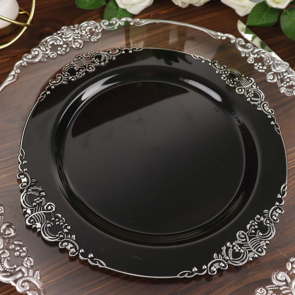 10-Pack Plastic 10" Round Dinner Plates in Black with Silver Leaf Embossed Rim - Disposable Vintage Baroque Style Plates