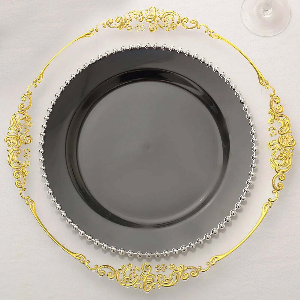 10-Pack Plastic 10" Round Dinner Plates in Black with Silver Beaded Rim - Disposable Party Plates for Banquets & Festive Occasions