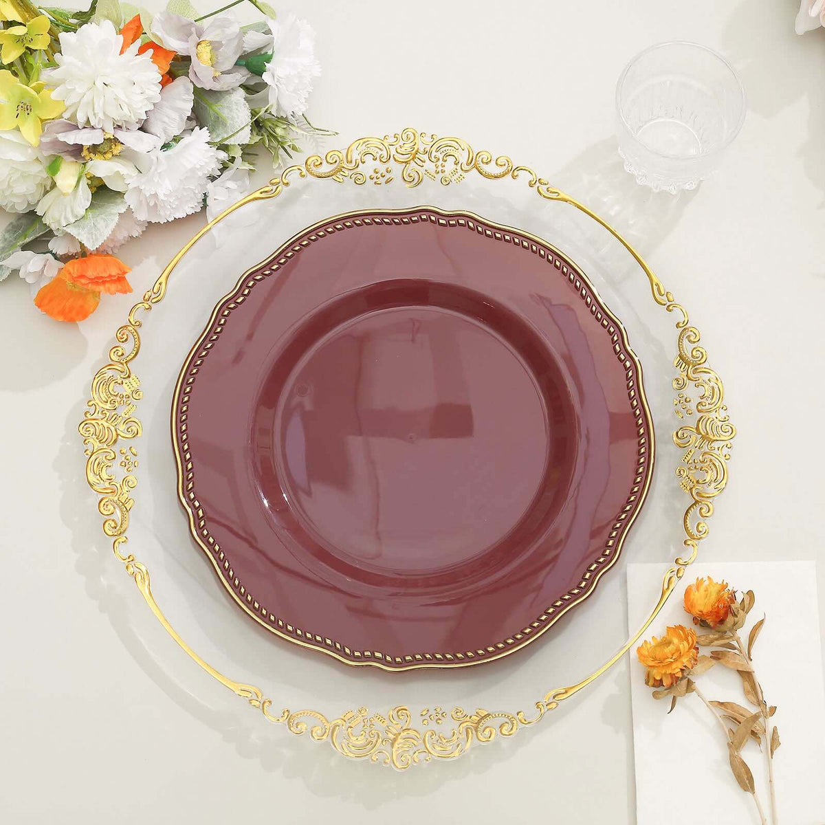 10-Pack Plastic 10" Dinner Plates in Cinnamon Rose with Gold Scalloped Rim - Disposable Large Party Plates